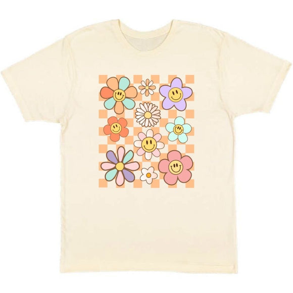 Daisy Doodle Checker Adult Short Sleeve T-Shirt - Natural