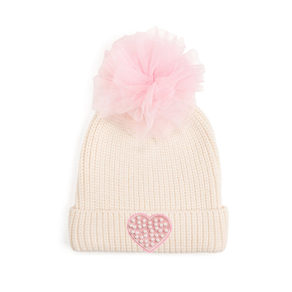 Pearl Heart Patch Pom Pom Beanie - Natural