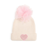 Pearl Heart Patch Pom Pom Beanie - Natural