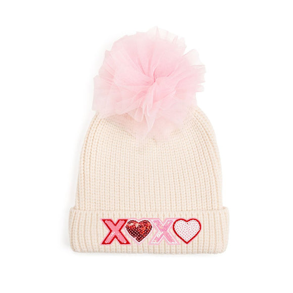 XOXO Sequin Patch Valentine's Day Pom Pom Beanie - Natural