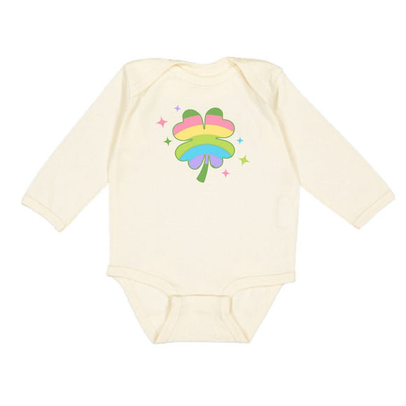 Rainbow Clover St. Patrick's Day Long Sleeve Bodysuit - Natural