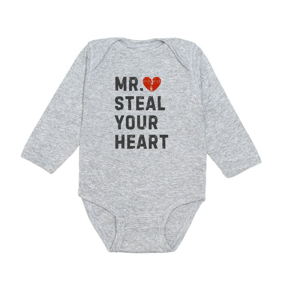 Mr. Steal Your Heart Valentine's Day Long Sleeve Bodysuit - Gray