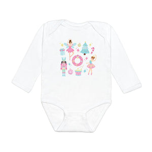 Nutcracker Doodle Christmas Long Sleeve Bodysuit - White