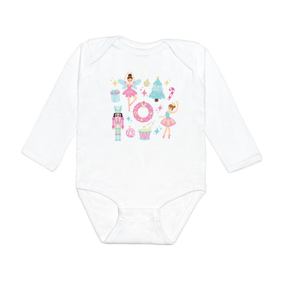 Nutcracker Doodle Christmas Long Sleeve Bodysuit - White