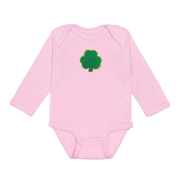 Shamrock Patch St. Patrick's Day Long Sleeve Bodysuit - Pink