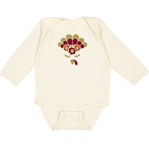 Turkey Flower Crown Thanksgiving Long Sleeve Bodysuit - Natural