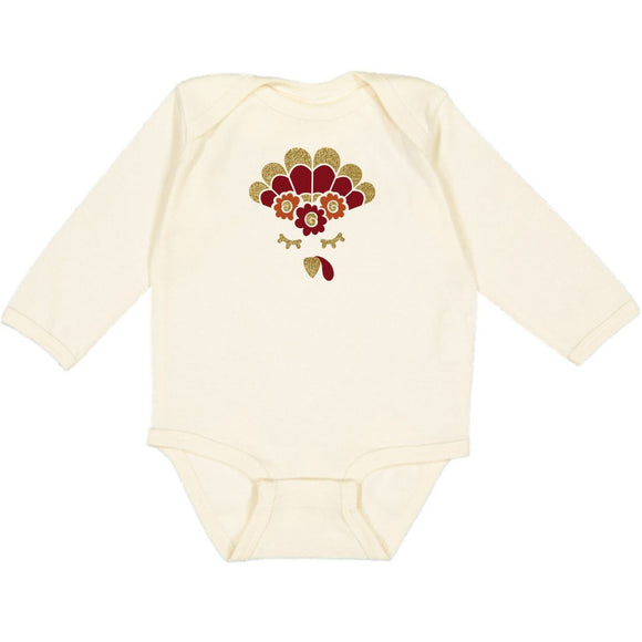 Turkey Flower Crown Thanksgiving Long Sleeve Bodysuit - Natural