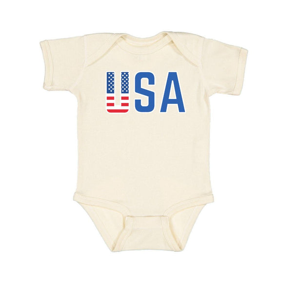 USA Flag Short Sleeve Bodysuit - Natural