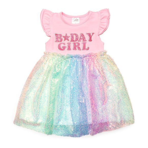 Birthday Girl Patch Rainbow Ombre Sequin Short Sleeve Tutu Dress
