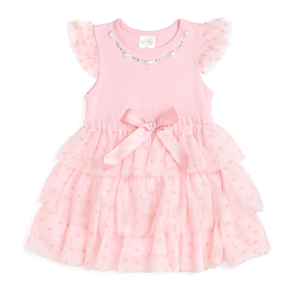 Flocked Heart Valentine's Day Tiered Short Sleeve Tutu Dress