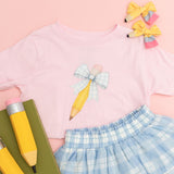 Blue Plaid Pencil Bow Short Sleeve T-Shirt