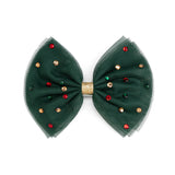 Emerald Rhinestone Christmas Tulle Bow Clip
