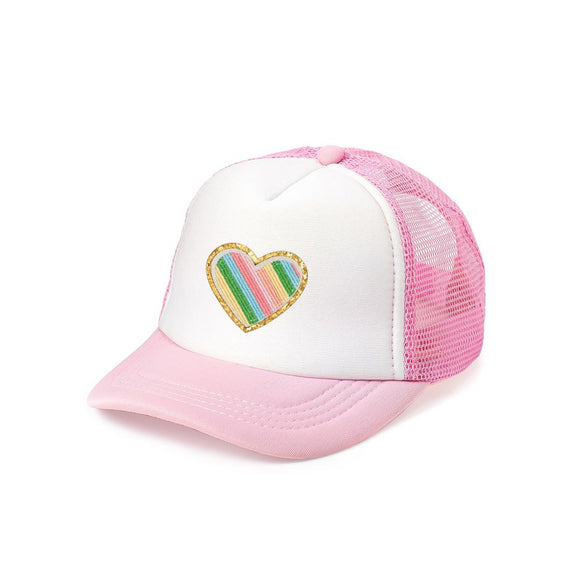 Rainbow Heart Patch Trucker Hat - Pink/White