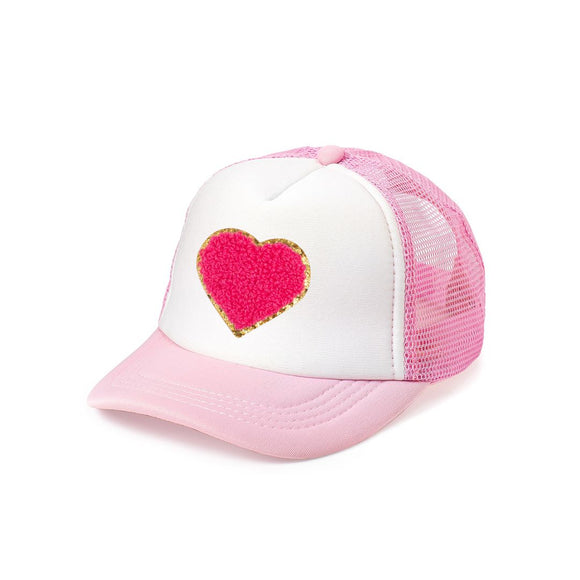 Bright Pink Heart Patch Trucker Hat - Pink/White