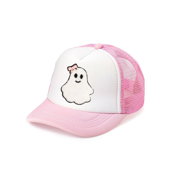 Coquette Ghost Patch Halloween Trucker Hat - Pink/White