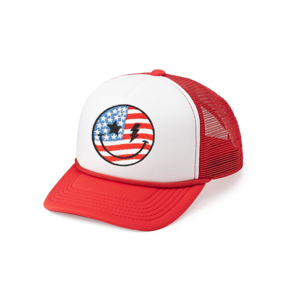 Patriotic Smiley Patch Trucker Hat - Red/White