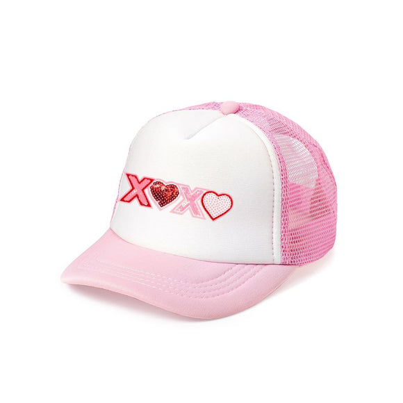 XOXO Sequin Patch Valentine's Day Trucker Hat - Pink/White