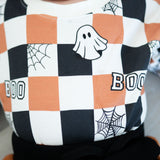 Boo Checkered Halloween Long Sleeve Romper