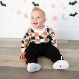 Boo Checkered Halloween Long Sleeve Romper