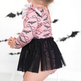 Bat Trellis Printed Halloween Long Sleeve Tutu Bodysuit
