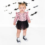 Bat Trellis Printed Halloween Long Sleeve Tutu Bodysuit