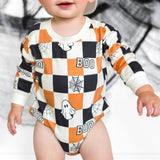Boo Checkered Halloween Long Sleeve Romper - Natural