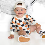 Boo Checkered Halloween Long Sleeve Romper - Natural