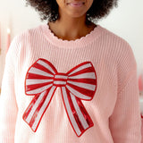 Candy Cane Sequin Bow Patch Christmas Women's Sweater