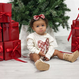 Christmas Plaid Bow Patch Long Sleeve Romper - Natural