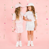 Sky Blue Floral Bow Patch Short Sleeve T-Shirt - White