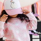 Coquette Ghost Patch Halloween Trucker Hat - Pink/White