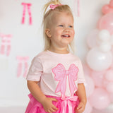 Pink Bow Sequin Patch Short Sleeve T-Shirt