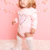Dainty Rose Pearl Heart Patch Long Sleeve Romper - Ballet
