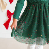 Emerald Rhinestone Christmas Long Sleeve Tutu Dress