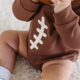 Football Lace Patch Long Sleeve Romper - Mocha