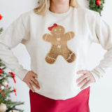 Gingerbread Sequin Patch Christmas Women's Sweatshirt - Natural