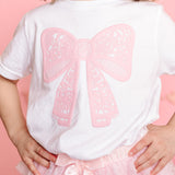 Lace Bow Puff Ink Short Sleeve T-Shirt - White