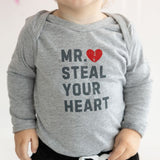 Mr. Steal Your Heart Valentine's Day Long Sleeve Bodysuit - Gray