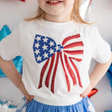 Patriotic Sequin Bow Patch Short Sleeve T-Shirt - White