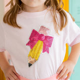 Pencil Bow Sequin Patch Short Sleeve T-Shirt - Ballet