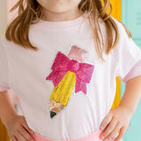 Pencil Bow Sequin Patch Short Sleeve T-Shirt - Ballet