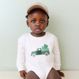 Shamrock Truck Patch St. Patrick's Day Long Sleeve Romper - White