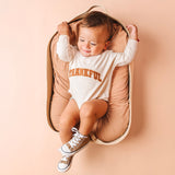 Thankful Patch Varsity Thanksgiving Long Sleeve Romper - Natural