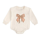Cinnamon Plaid Bow Patch Long Sleeve Romper