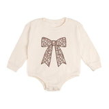 Mocha Floral Bow Patch Long Sleeve Romper