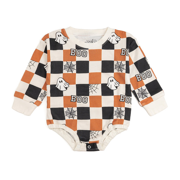 Boo Checkered Halloween Long Sleeve Romper - Natural