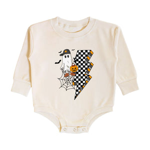 Checker Ghost Halloween Long Sleeve Romper - Natural