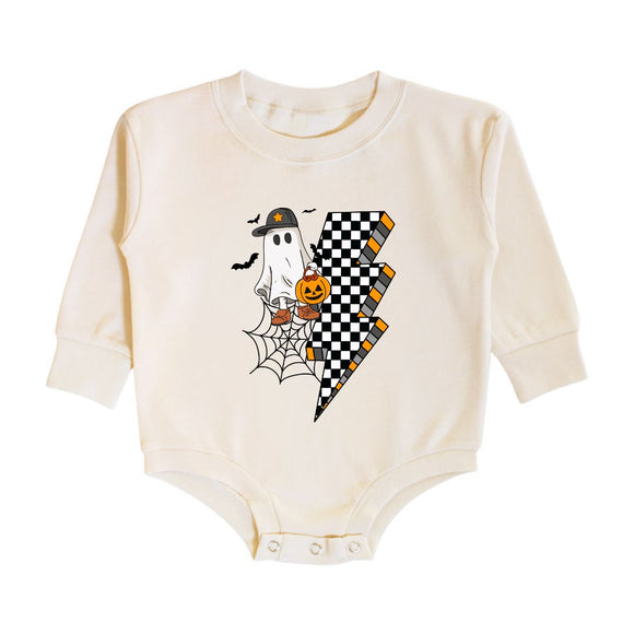 Checker Ghost Halloween Long Sleeve Romper - Natural
