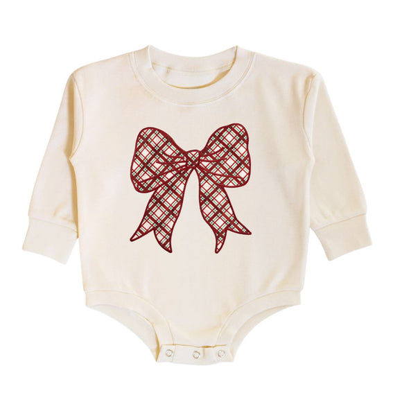 Christmas Plaid Bow Patch Long Sleeve Romper - Natural