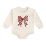 Christmas Plaid Bow Patch Long Sleeve Romper